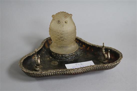 A late Victorian silver and tortoiseshell mounted triform pen stand, marked with a Lalique style frosted glass owl, 17.8cm.